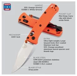 Benchmade Mini Bugout CPM30V Steel Orange Handle Folder Knife - 533 15 Benchmade Mini Bugout CPM30V Steel Orange Handle Folder Knife - 533 -Knifes Series Shop B533 7