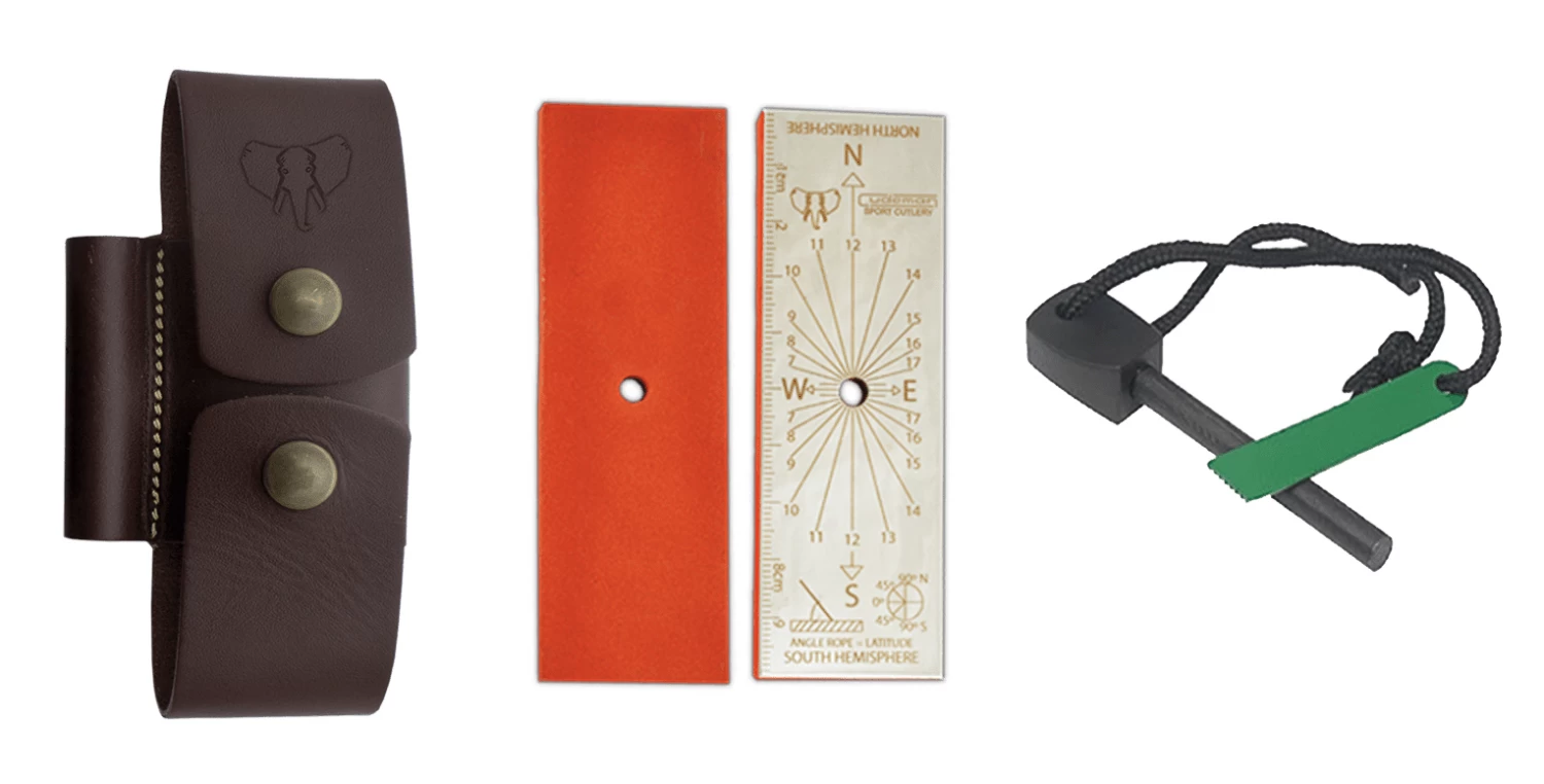 Cudeman Adaptor Accessory, Firesteel, Signalling Mirror, Sharpening Stone, Brown Leather - 644-C 3 Cudeman Adaptor Accessory, Firesteel, Signalling Mirror, Sharpening Stone, Brown Leather - 644-C