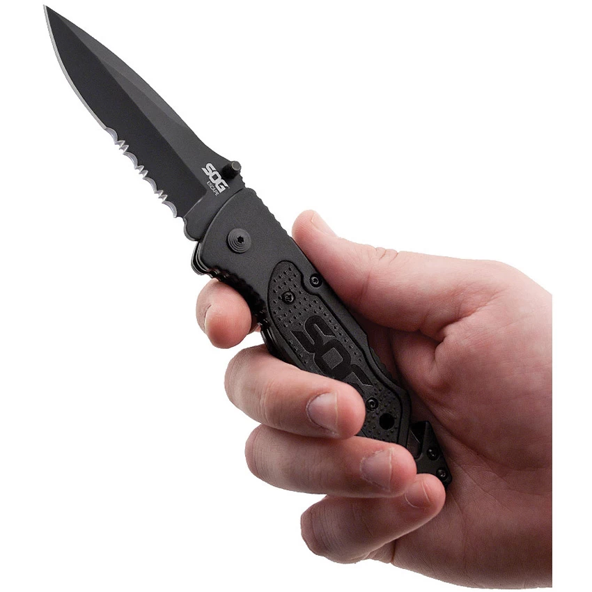 SOG Escape Clip Point Black Serrated Recue Folder Knife FF25 4 SOG Escape Clip Point Black Serrated Recue Folder Knife FF25 - Image 2